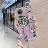 (With Wristband) Hontinga Casing Case For OPPO Reno10 Reno 10 Pro 5G Reno11 Reno 11 Pro 5G Case Cartoon Cute Starbucks Luxury Chrome Plated Soft TPU Square Phone Case Full Cover Camera Protection Anti Gores Rubber Cases For Girls