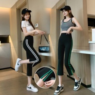 Women Summer 7-point Pants Thin Shark Pants Yoga Sports High Waist Slit Flared Pants