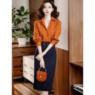 Complete outfit including trendy, youthful orange shirt and skirt