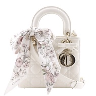 【日本直寄】Christian Dior Lady Dior 小型手提包 籐格紋 附贈可拆卸 Mitzah 絲巾 羊皮 白色【二手】
