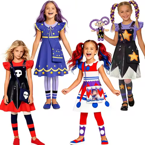 Girls Game Character Costume Lily Dress Up Summer Star Skull Clown Print Dress with Bag Leggings for