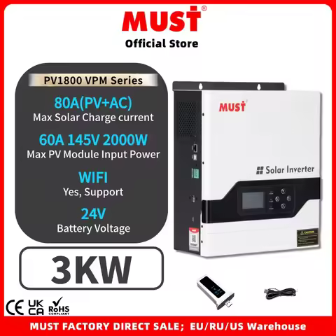 MUST PV18 3024 VPM MPPT 24V 3KW Hybrid Off Grid Solar Inverter 3000w Built MPPT 145V 60A Max 80A Cha