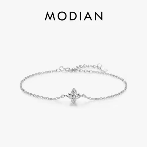MODIAN 925 Sterling Silver Stackable Four Leaf Clover CZ Bracelet For White Gold Plated Link Chain W