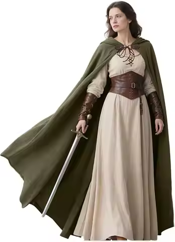 L'VOW Medieval Hooded Cloak Linen Renaissance Cape with Hood - Halloween Hobbit Cosplay Witch Wizard