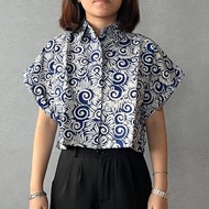 印尼蠟染可愛少女風短版襯衫 PUPUT - 藍貝殼 - PUP019