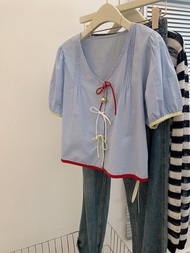 เสื้อเชิ้ตแขนสั้น French คอวี Bubble Unique ดีไซน์ ชิค Small Size ผู้หญิง เสื้อท่อนบน เรียบหรู ขนาดเ