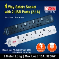 4 Way Safety Extension Socket Black/White with 2 USB Ports & 2 Meter (2. 1A)
