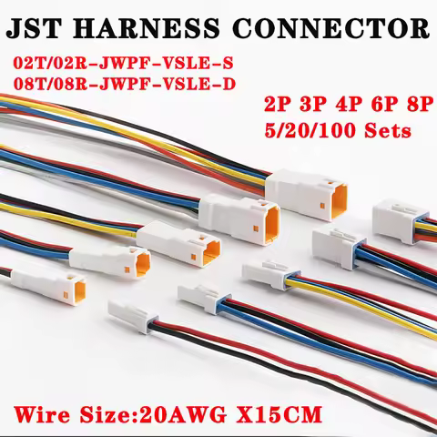 5/20/100set JST 02t/02r/03t/03r Waterproof Connector 2p/3p/4p/6p/8p Plug Socket With Cable 20awg/0.5