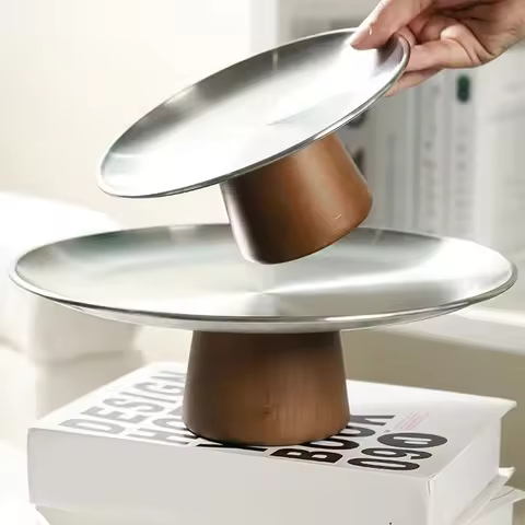 Stainless Steel Table Plates Dinnerware Kitchen Fruit Bowl with Wooden Base Partitioned Candy Bread 