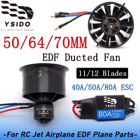 YSIDO 50/64/70mm EDF Ducted Fan 11/12 Blades Brushless Motor 40A/50A/80A ESC Power Combo 3S-6S For R