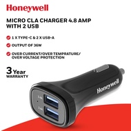 Honeywell Micro CLA 4.8 Amp Car Charger, 2 X USB A Ports, Fast Charging Dual USB Ports, Compatible with iPhones, Smartphones, Tablets, Smartwatches, Power banks, Dashcams - Black