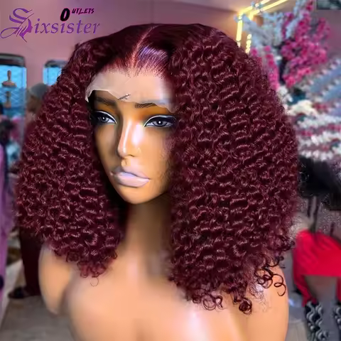 100% Human Hair 13x4 Lace Front Bob Wig Burgundy Red 99J Curly Deep Wave Short Bob Wig 200 Density C