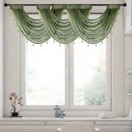 White Green Woven Knitted Floral Lace Swag Curtain Valance with Green Beads Hollowed Waterfall Valance Curtains Topper Victorian Drapes for Living Room Rod Pocket