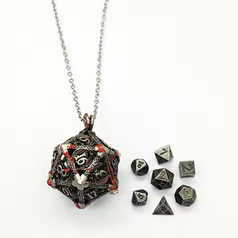 Creative D20 Metal Hollow Box+7pcs Metal DND Dice Necklace Set Portable Board Game Dice Mini Kit Fas