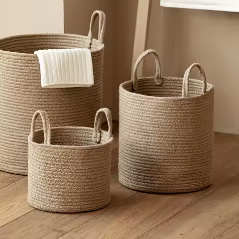 3pcs Rectangle Jute Laundry Basket Boho Woven Fabric with Handle, for Bathroom Living Room Dirty Clo