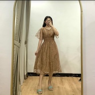 Dress Flora MERLIN SATIN LAPIS BRUKAT TILE MUTIARA MEWAH / GAUN PESTA DRESS / GAUN KONDANGAN