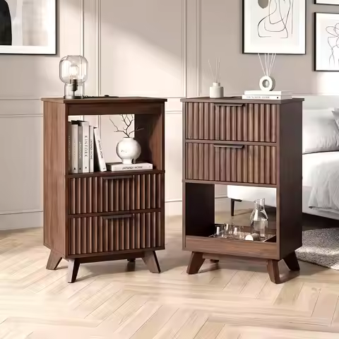 30" Tall Nightstands Set of 2,Fluted Nightstand with Charging Station,Wooden Tall Bedside Table, Cus