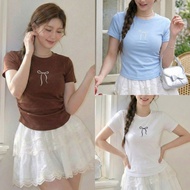 Women's T-Shirt 2 Sizes Round Neck Short Sleeves Waist Tie Ribbed Fabric Soft Bow Embroidery t430 tb
