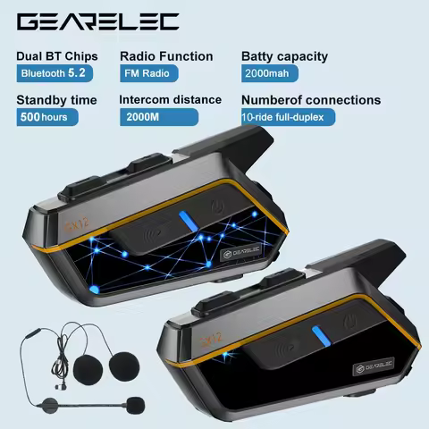 GEARELEC GX12 Motorcycle Bluetooth Helmet Intercom 2000m 2-10 Riders Communication Motorbike Interph