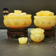 ❗️Ready Stock❗️yellow jade 100%天然黄玉聚宝盆 + 天然黄玉元宝  🆓送得做 + 琉璃碎石 风水摆件 招财纳财 可爱聚宝盆 TOPAZ treasure box with