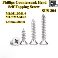 [HL-ZGLS] SUS304, Phillips Countersunk Head Self-Tapping Screw, M1/M1.2/M1.4/M1.7/M2-M3.5, Cross Fla
