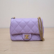 23P CF口蓋包19cm紫色荔枝皮革C晶片開金扣愛心金球肩帶