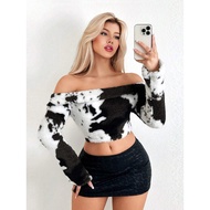 60380 Autumn Winter New Style Slim-fit Navel-exposed Backless Printed One-shoulder Top Women