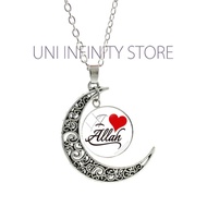 JWNE0485 Crescent Moon Star Chain Necklace Muslim Islam I Love Allah White Unisex Men Women Arabic I