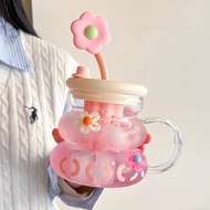 Tea cup, capacity 800ML, heat-resistant glass material, with charm and straw