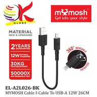 MYMOSH A2L026/A2L26 CABLE I-CABLE TO USB-A 26CM 12W/OPTIMAL CHARGE/CHARGE & SYNC/30KG TEAR RESISTANC