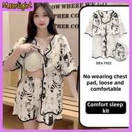 Women's summer cotton cardigan pajama short sleeve shorts with padded chest loungewear padded pajama
