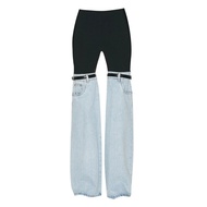 Fashion Womens Jeans High Waist Straight Patchwork PU Leather Buckle Streetwear Denim Pants Spring N