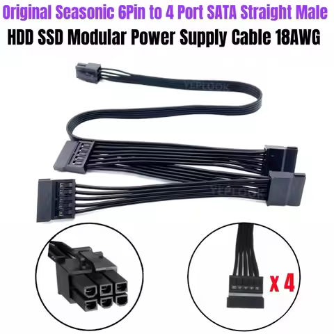 6Pin to 4x SATA Straight, HDD SSD Power Cable for Seasonic FOCUS GM-850 GM-750 GM-650 GM-550 GM-500 