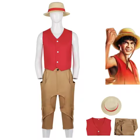 Anime Movies Monkey D. Luffy Cosplay Costume Straw Hat Boy Red Vest Top Uniform Hat Adult Man Woman 