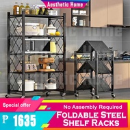 Folding Racks Kitchen Supplies Foldable Steel Shelf Racks With Wheels Kitchen Organizer 4/5 Layer