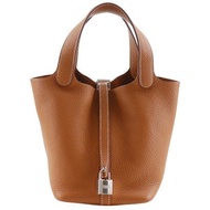 二手愛馬仕 Picotin Lock 18 PM 手提包，採用 Taurillon Clemence 皮革，金色，法國製造，2021 年，棕色/銀色五金配件，Z 型錶帶，女士款。