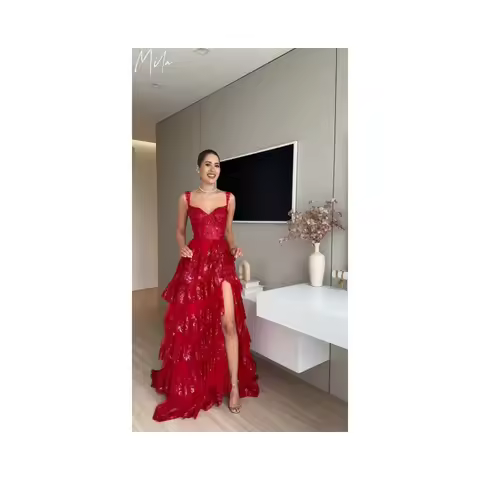 Mila Red Spaghetti Strap Simple Prom Dress Sleeveless Customized Luxurious Evening Dresses Floor-Len