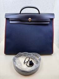 Hermes 愛馬仕 全新T刻 herbag39 深海藍外縫酒紅帆布拼皮斜挎包 39cm