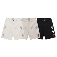 Chrome Hearts Couple Style Cross Embroidered Wash Water Sticker Leather Ripped Denim Shorts