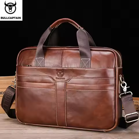 BULLCAPTAIN Leather Laptop Bag, Top Layer Leather 15" Laptop Bag Men's Laptop Briefcase Briefcase Wo