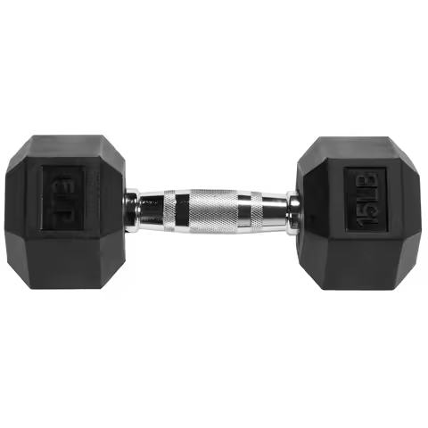 Rubber Encased Hex Dumbbell, Black,Anti-Roll Shape, 15 lb