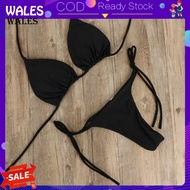 <wales> 2 Pcs/Set Bikini Set Solid Color Halter Neck Strap Thong Women Swimsuit Set for Beach