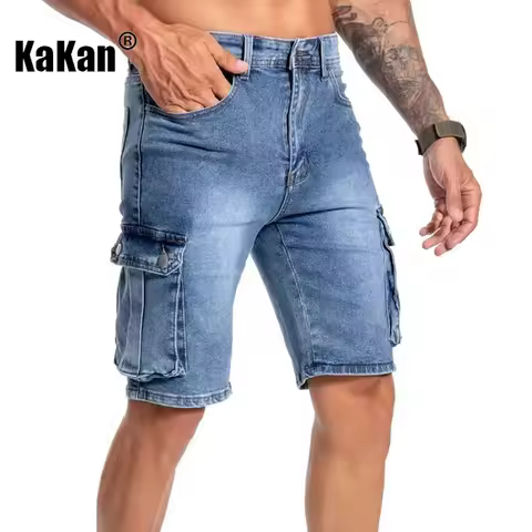Kakan-y2k New Men's Summer Short Jeans, Multi Pocket Micro Elastic Jeans, Men's 5-Division Casual Je