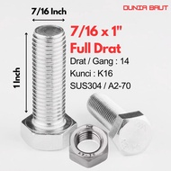 Stainless Hex Bolt 7/16 X 1 - Hexagon Bolt 7/16X1 SS304 / SUS304 / A2-70 Full thread