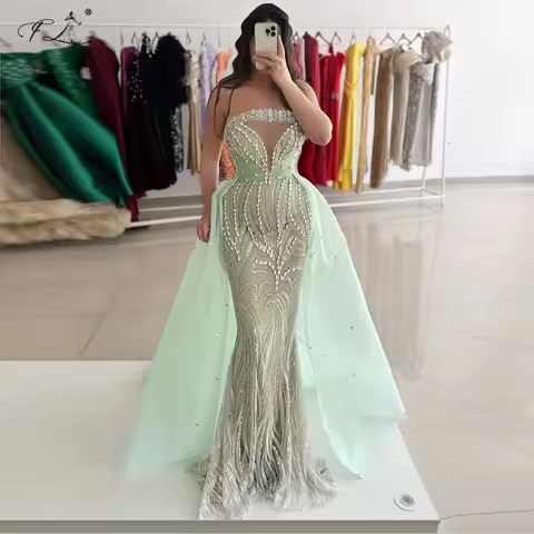 Crystal Embroidered Mermaid Dress Little Green Evening Gown With a Train Faux See-Through Neckline C