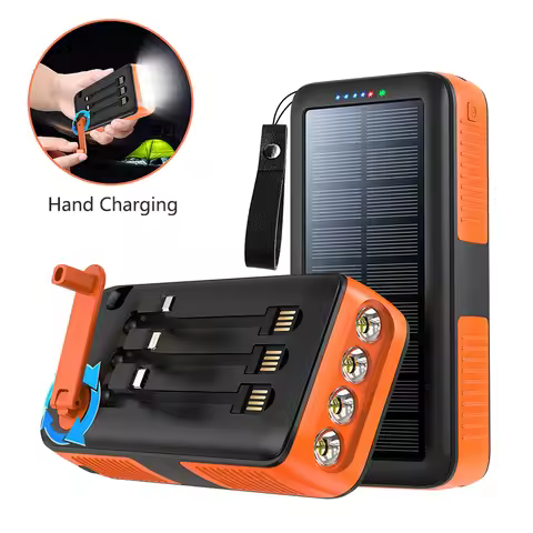 Hand Crank Solar Power Bank 30000mah External Battery Fast Charging Powerbank with Cable Light for i