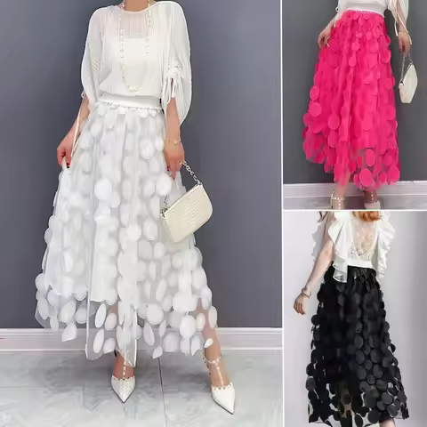 Women Polka Dot 3D Design Tulle Mesh Skirt Retro Elastic Waist Length A-line Drawing Skirt Beach Par