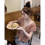 Summer version of the shirt with bubble lace, sweet new vintage plaid doll lace top, Korean style KY