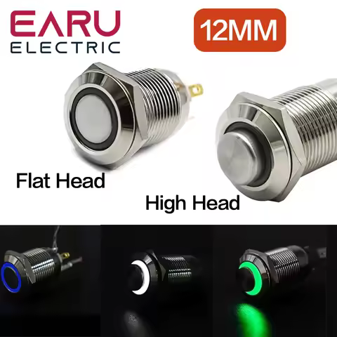 12mm High Round Waterproof Momentary Stainless Steel Metal Push Button Power Switch LED Light Shine 