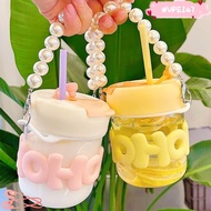WUPEI47G9 Water Bottle, with Pearl Bracelet Transparent Glass Straw Cup, Cute Portable 350ml Double 